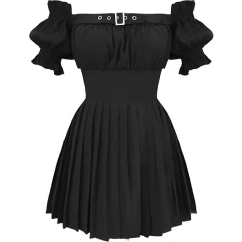 2021 Retro Vintage Pleated Women Party Dress Hip Hop Punk Black Harajuku Streetwear Slash Neck Puff Sleeve Sexy Party Clothing