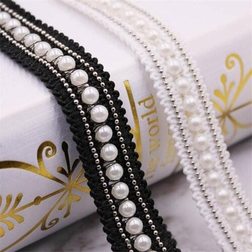 1Meter 2cm White Black Pearl Beaded Lace Edge Trim Ribbon Fabric Embroidered Applique Sewing Craft Crochet Wedding Dress Clothes