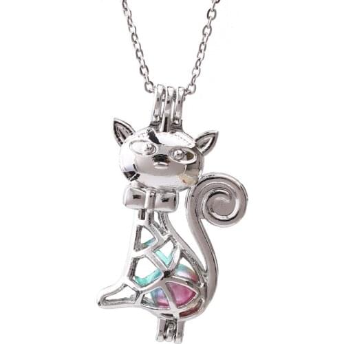 1pc Silver Plated Sitting Cat Pearl Cages Necklace Jewelry Oyster Pearls Aroma Essential Oil Lockets Diffuser with Chain