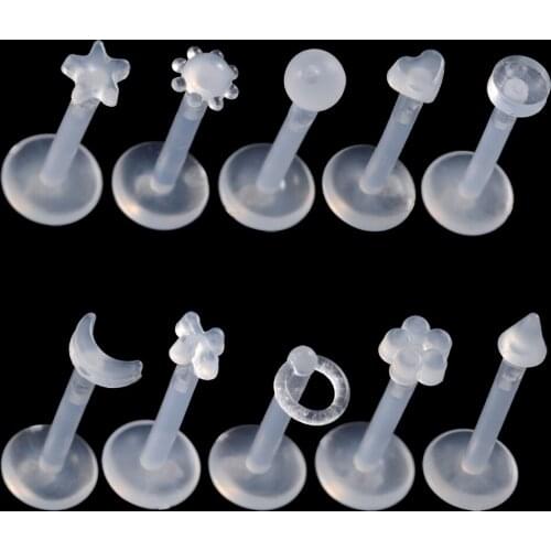10pcs/Lot Acrylic Moon Star Flower Shape Flexible Bioplastic Push-in Labret Tragus Cartilalge Earing Piercing Jewelry 16g