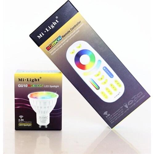 110V 220V GU10 Mi Light RGBWW LED Spotlight 4W Dimmable RGB+CCT LED Bulb 2.4G RF Remote Control RGB+White+Warm white LED Lamp