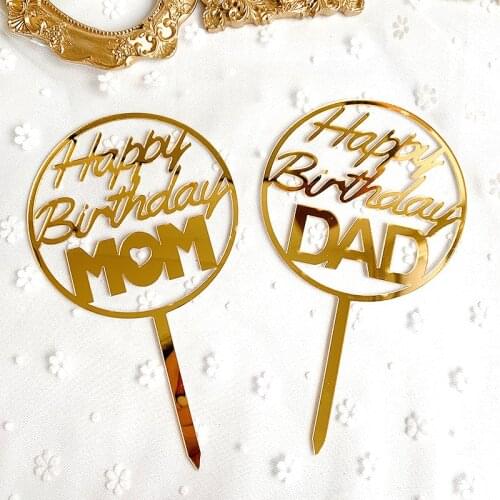Acrylic Mom Dad Happy Birthday Cake Topper Gold Mommy Daddy Cupcake Topper For Mother Father Birthday Party Cake Decorations