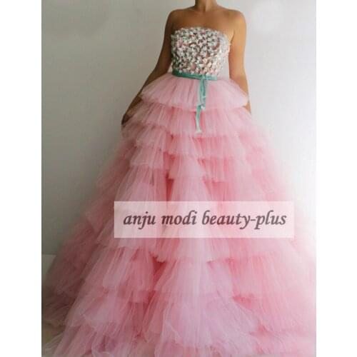 2021 Pink Puffy Tiered Prom Dresses Strapless Ball Gown Appliques Formal Evening Party Dress Robe De Soiree