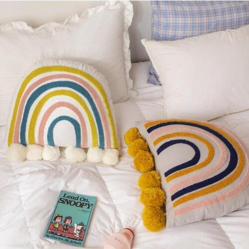 Linen Colorful Rainbow Embroidery Cushion Cover Moroccan Stripe Pillowcase Tassels Fringe Creative Pillow 46x46cm For Sofa Bed