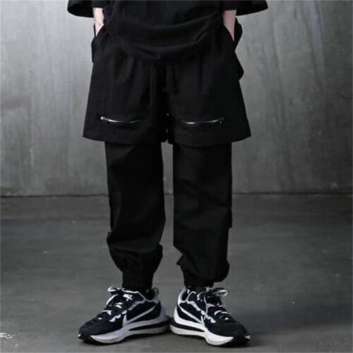 Big size trendy mens new multi pocket large underpants straight tube fake two loose legged fashion casual pants spring and summ