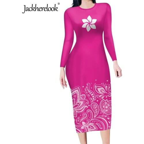 Jackherelook Pink Polynesian Hibiscus Floral Print Sexy Long Sleeved Bodycon Dresses for Office Ladies Midi Pencil Dress Mujer