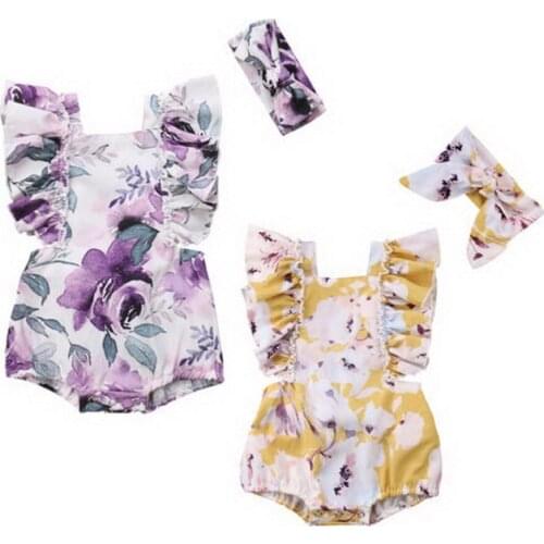 DHL 50set Newborn Baby Girls Butterfly sleeve Romper+Headband Set Infant Outfits Clothes
