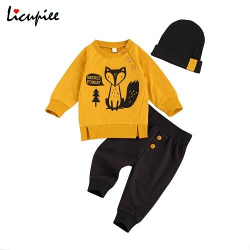 0-24m Newborn Baby Boys Clothes Set Long Sleeves Toddler Printed Pollover Top + Long Pant+ Hat Autumn Spring Outfits