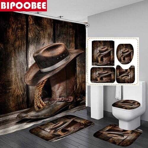 Cowboy Hat Vintage Shower Curtain Waterproof Polyester Fabric Bathroom Curtains Partition Soft Bath Mat Set Toilet Lid Cover