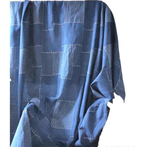 Fashion Jeans Fabric Splicing Grid Checks After Washed Eco Friendly Denim Tissu DIY Sewing Coat Dress Costura 100X160cm