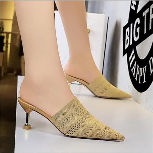 BIGTREE Knit Mesh Breathable High Heels Mules Slippers 2020 Summer Shoes Women Pointed Toe Thin Heels Fashion Party Ladies Shoes