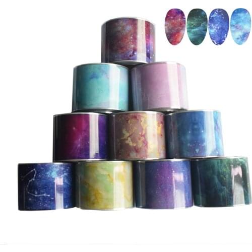 10Rolls Gradient Starry Sky Nail Foils Set 50M*4CM Marble Galaxy Holographic Nail Art Transfer Wrap Adhesive Decals Gel Slider