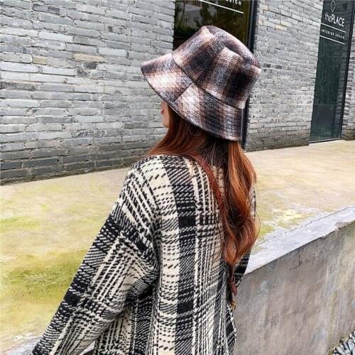 Jovivi Fashion Women Bucket Hat Plaid Tartan Fisherman Cap Wide Brim Floppy Sun Protection Autumn Winter Warm Cold Weather Hat