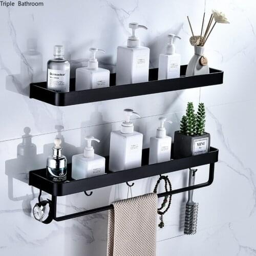 Space Aluminum Bathroom Black Bracket with Towel Bar Corner Shelves Bath Towel Rack Shampoo Holder Home Kitchen Storage Rack