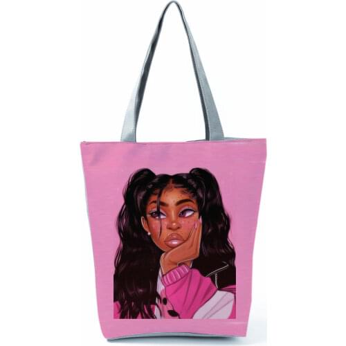 Double Tail Afro Girl Print Handbags for Women Fashion Cool Womens Bags Eco Friendly Portable Shopping Bag All-Match Beach Bags