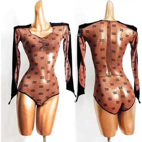 Latin Dance Top Adult Long Sleeves Velvet Stretch Mesh Fashion Print Samba Costume Women Ballroom Latin Practice Clothes VDB2741