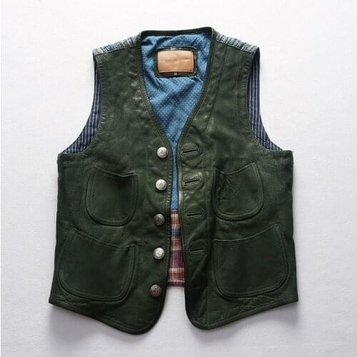 Vintage patchwork genuine leather vest men V-neck sleeveless genuine leather jacket men washed goatskin & Plant dyeing cotton