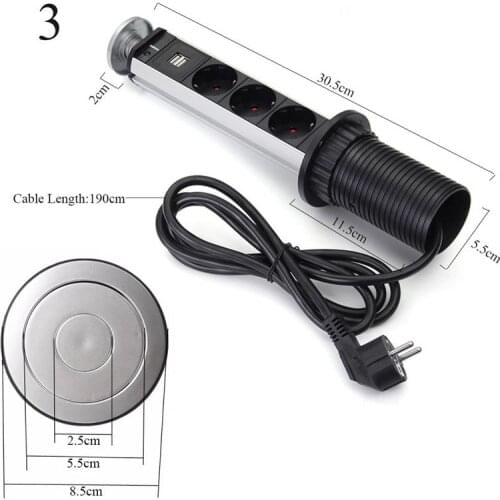 16A PULL POP UP 3 Power Socket 2 USB Charging Port Kitchen Table Desktop Sockets Retractable Countertops Worktop EU socket+2 USB