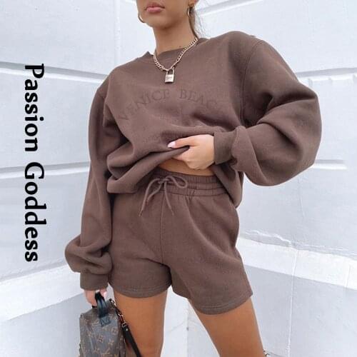 Casual Women Athleisure 2 Piece Tracksuit Sets Letter Embroidery Oversized Fleece Sweatshirt Drawstring Shorts Two Piece Outfits