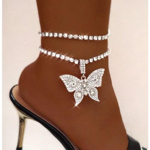 2pcs/set Silver Color Crystal Big Butterfly Anklets For Women Bling Rhinestones Tennis Chain Anklet Bracelet Beach Foot Jewelry