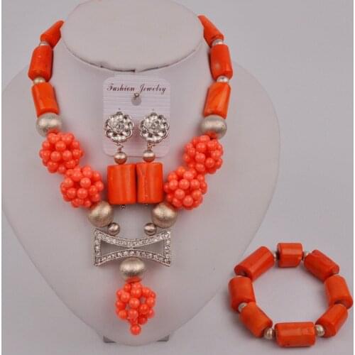 African Apparel Accessories Jewelry Orange Natural Coral Bead Necklace Nigeria Wedding Banquet Bride Wedding Jewelry Set AU-157