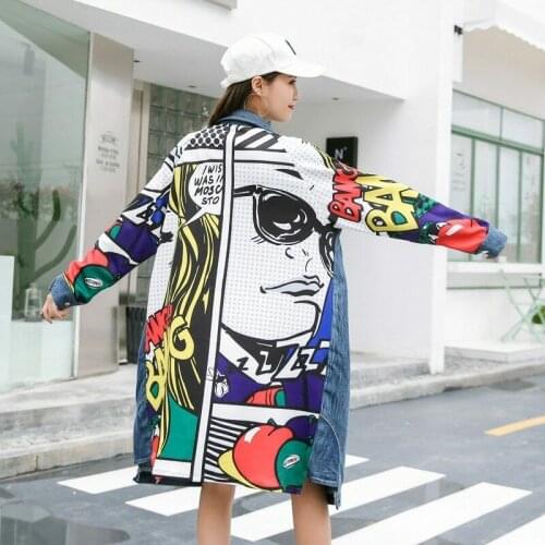 2020 Cartoon New Spring Printed Cowboy Patchwork Loose Long Big Size Denim Windb
