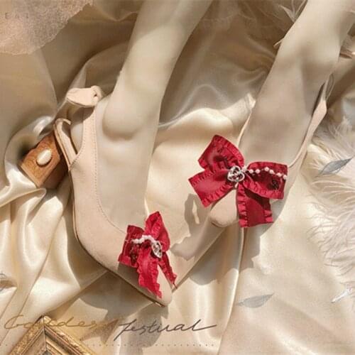 Princess elegant sweet vitage retro palace pearl lace bow rose square head thick with female comfortable women shoes cute loli