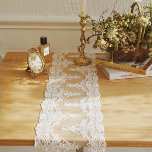 French Retro Luxury Wedding Party Decorative Embroidered Lace White Table Runner Bed Flag TV Stand Cabinet Cover Tablecloth