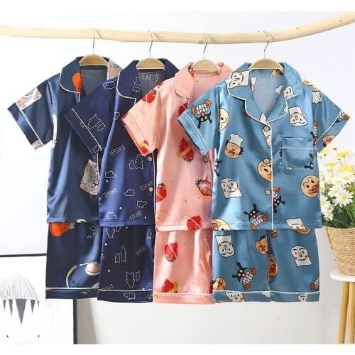 Summer Childrens Short-sleeved Pajamas Set Ice Silk Boys and Girls Casual Home Wear Lapel Childrens Pajamas Set