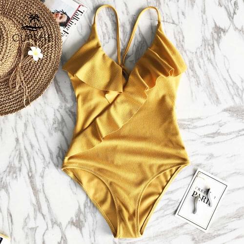 Happy Ending Yellow Solid One-piece Swimsuit Falbala V neck Ruffle Sexy Monokini Ladies Beach Bathing Suit Swimwear