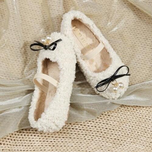 Autumn Kids Princess Shoes Children Fur Warm Flats Toddler Faux Lamb wool Winter Mary Jane ivory black party pearl bowknot furry