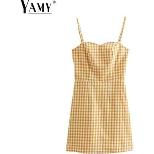 Vintage elegant yellow plaid dress summer dress mini sexy dress cami sundress elegant dresses korean beach dress boho vestidos