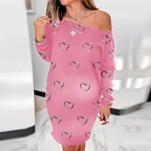 Diagonal Collar Long Sleeve 3D Heart Print Straight Loose Dress Ladies Autumn New Sexy Party Dress Casual Fashion Women Dresses