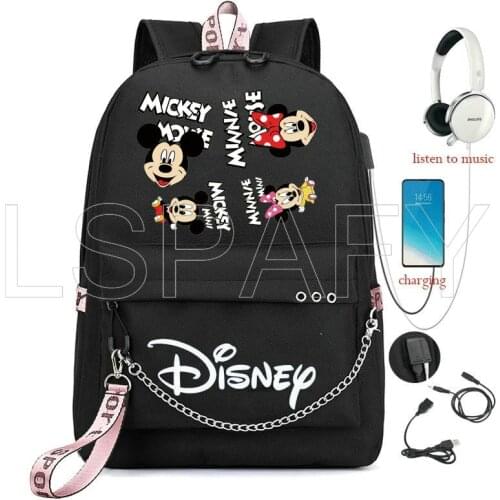 Disney Mickey Mouse USB Charge Backpack Girls School Bag Men Women Rucksack School Bag Teens Daily Chain Knapsack