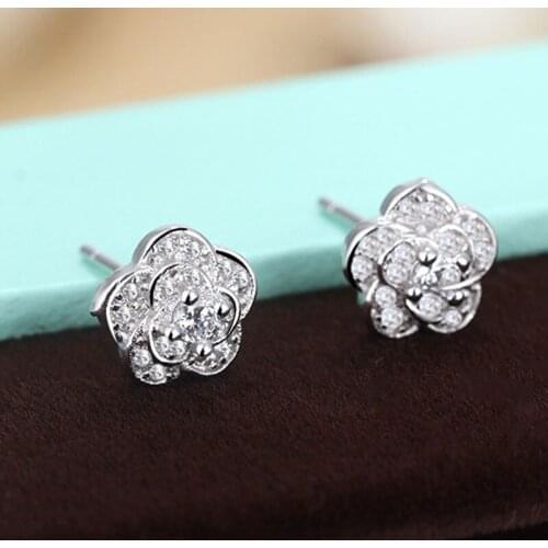 925 Sterling Silver Flower Cubic Zirconia Stud Earrings Piercing Jewelry For Girls Birthday Accessories Gifts S-E843