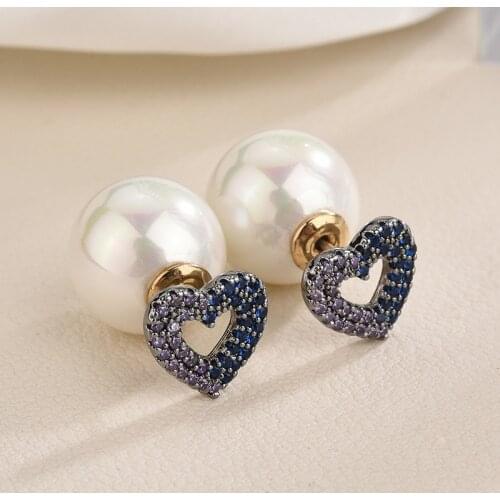 Fashion Heart Love Rhinestone Pearl Crystal One Line Beads Ball Metal Stud Earrings for Women Girl Party Jewelry Cute Earrings