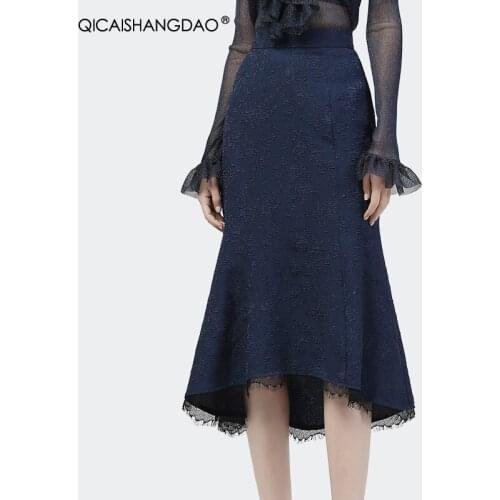 Vintage Ladies Blue Jacquard Skirt Mid-Length Lace Splicing Elegant Sexy Wrapped Skirt 2021 Autumn New Female Mermaid Skirts