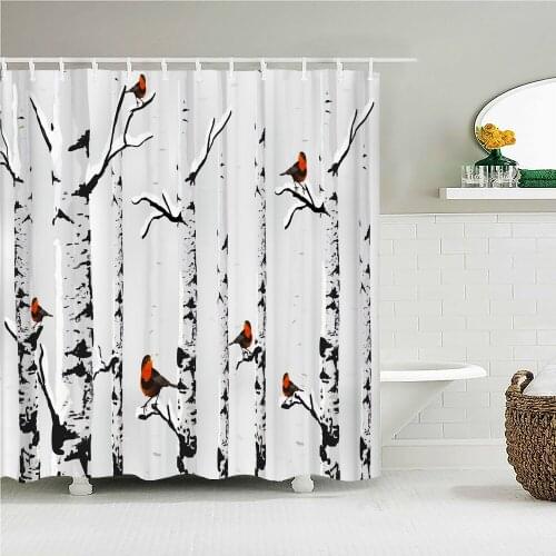 White Birch Trees Birds Shower Curtain Bathroom Curtains With Hooks Leaves Animal Waterproof Fabric Decor Bath Screen with Hooks