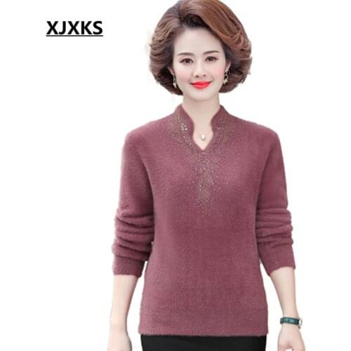 XJXKS 2021 autumn winter new high-end cashmere knitted sweater women pullover fashion mandarin collar women casual sweater