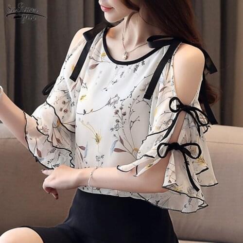 Black Dot Chiffon Women Blouse 2021 Ruffle Sleeve Women Shirts White Summer Tops Off Shoulder Top Women Tops and Blouses 14766