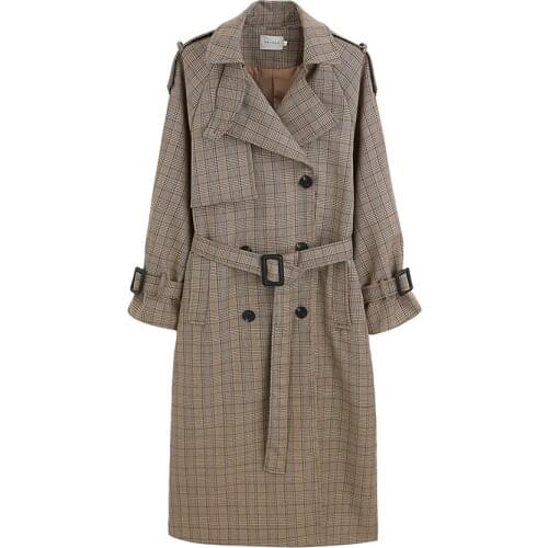 Korean Style Ladies Trench Coat Plaid Long Double Breasted Belted Oversize Loose Women Duster Coat Outerwear With Storm Flaps