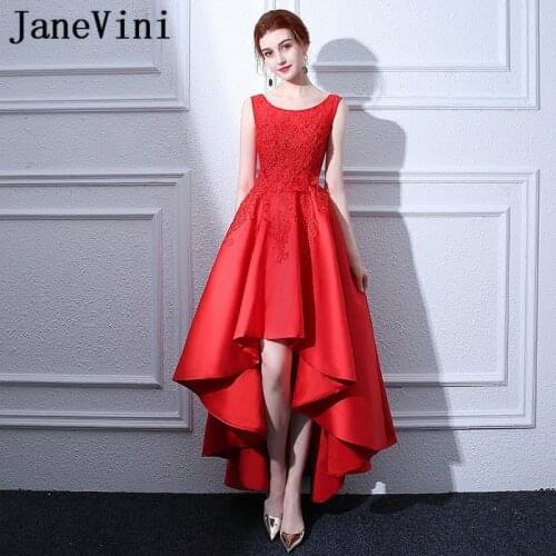 JaneVini Elegant Red High Low Long Bridesmaid Dresses A Line Satin Scoop Neck Lace Applique Beads Floor Length Formal Prom Gowns
