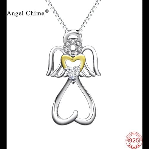 925 Sterling Silver Necklace Angel With Wings Love Heart Crystal CZ Pendant Statement Necklaces Collier Kolye Jewelry For Women