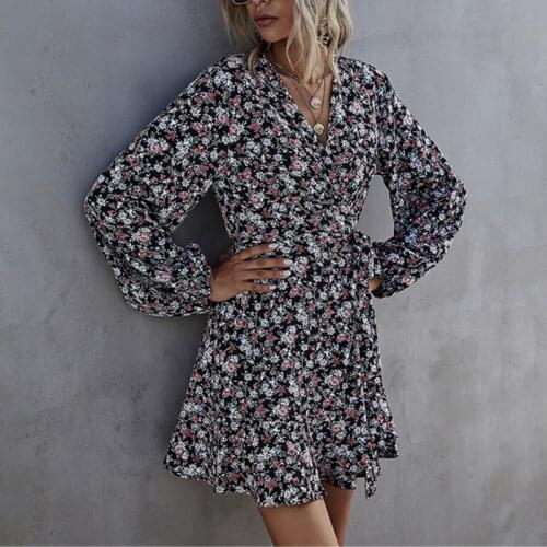 Spring New Print Dress Women Casual Lantern Sleeve Short High Waist Floral Dress Ladies 2021 Summer Dress