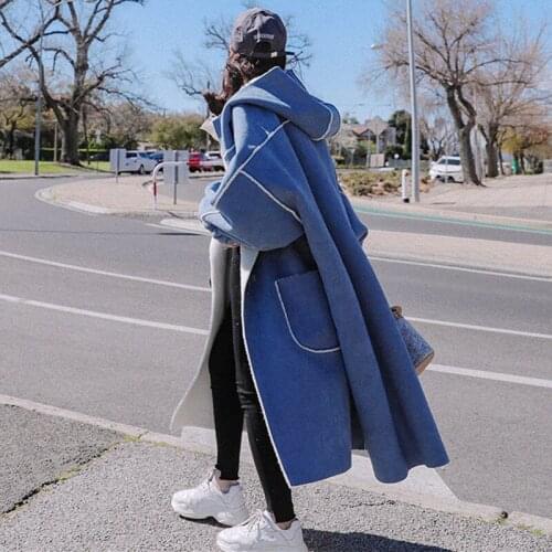 Winter Womens Woolen Coat Loose Long Lamb Wool Thick Hooded Lining Fluffy Korean Style Big Pocket Fashion Padded Jacket Female