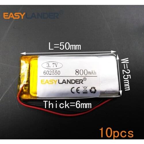10pcs/Lot 3.7V 800mAh 602550 Rechargeable li Polymer Li-ion Battery For MP3/MP4/Game Player mouse GPS PSP Lampe speaker 062550