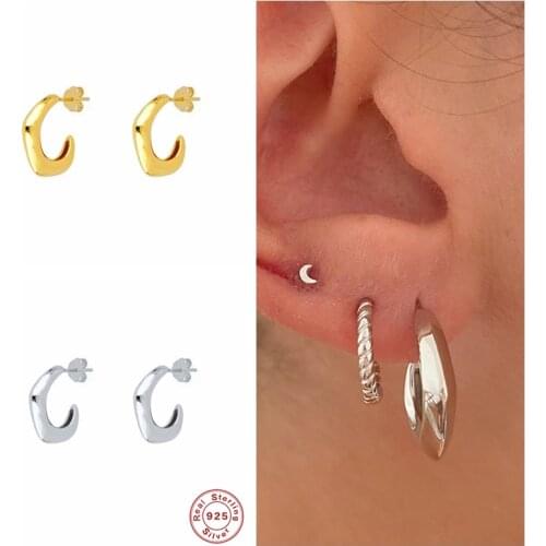 GS 925 Sterling Silver Gold Hoop Earrings For Women Irregular Geometric C Shape Opening Circle Earring Party Fine Jewelry Gift