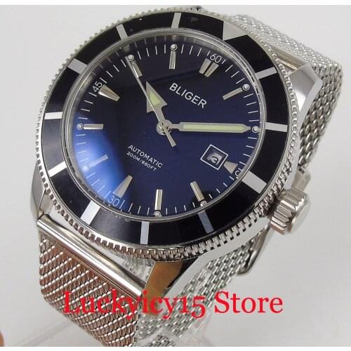 BLIGER 46mm Automatic Men Watch Rotating Bezel MIYOTA Movement Mental Band Date Window