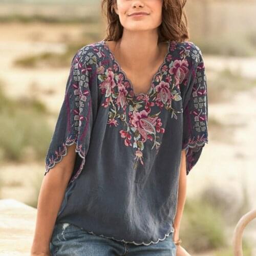 TEELYNN boho blouse shirts women v neck loose casual cotton Floral embroidery autumn vintage camisas mujer plus size ladies tops