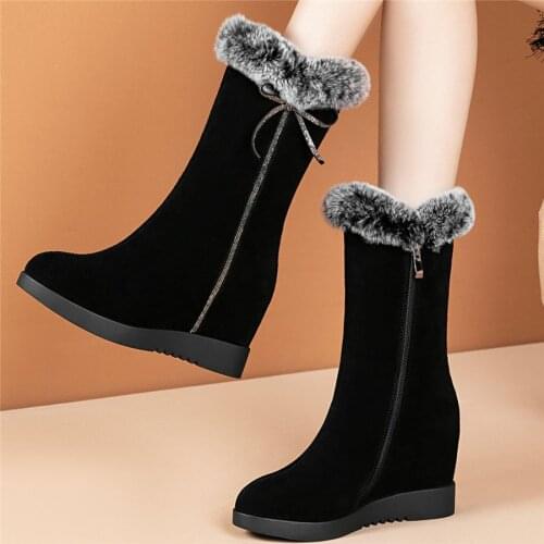 Warm Rabbit Fur Creepers Women Genuine Leather Wedge High Heel Snow Boots Female Winter High Top Platform Oxfords Diamonds Shoes